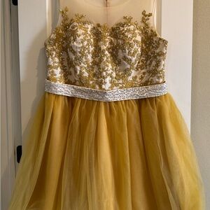 Gold and Cream Embellished Tiered A-line Prom Dress
